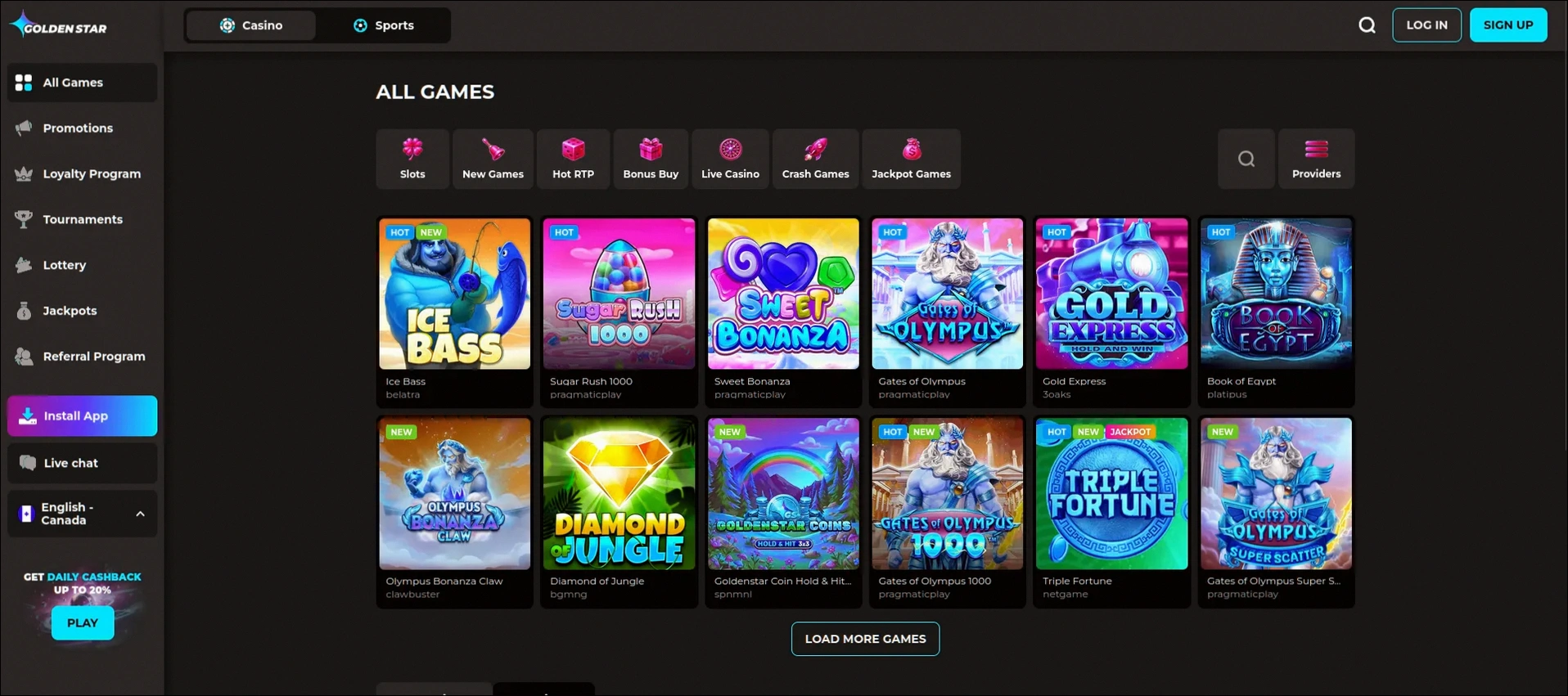 Golden Star Casino 100% up to 1500 CAD + 100 Free Spins